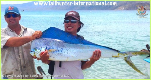 Incredible colors on this beautiful dorado caught by Billy Chung from San Jose CA.  Billy said he fought the fish for about 20 minutes on his last day of fishing. Captain Armando helps out!