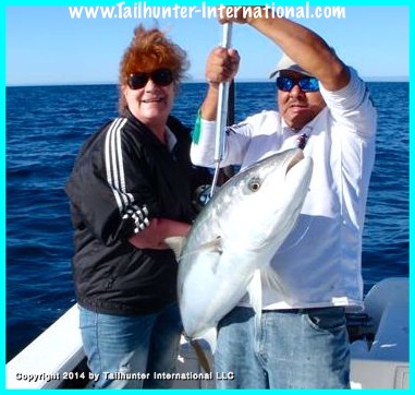 From Idaho taking a break from teaching school, Mandy Pollock let's Tailhunter Capt. Boli struggle with this big yellowtail from the north side of La Paz.  Still a few yellowtail around and this was Mandy's first trip to La Paz. 