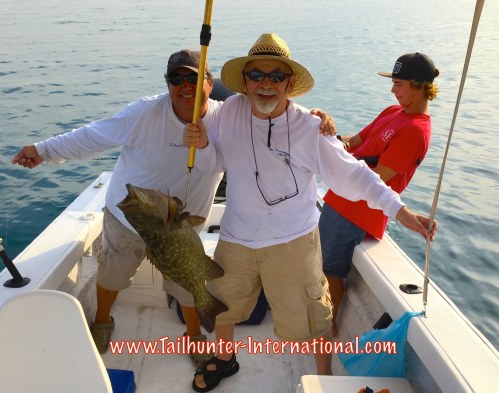 Fun photo with Orhan Gurbuz and popular Captain Rogelio "Jolly Roger"  Camacho and a nice cabrilla near Espirito  Santo Island. 