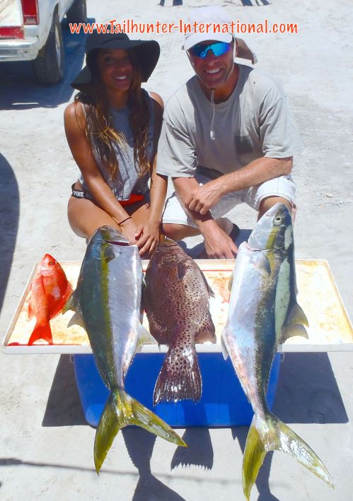 Jasmine and Mark Bonsack from Seattle show off a nice rack of fish including some good yellowtail; a big cabrilla and a snapper after a nice day out’ve Bahia de los Muertos with Tailhunter Sportfishing in La Paz. 