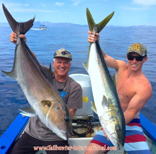 Mitch Chavira always does pretty good here every year. He was fishing the north end of Cerralvo Island with Peyton Gaston. Both from Encinitas, California. Working the yo-yo iron, they put the hurt on this big yellowtail and amberjack.