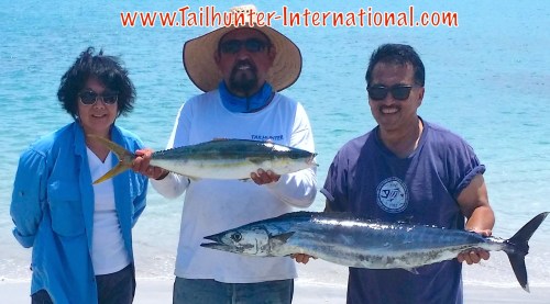 Captain Jorge with Jeff and Marianne Sugawara and another wahoo plus a rainbow runner, cousin to yellowtail, which is a cooler water fish. 