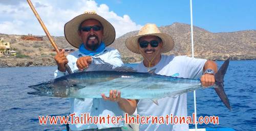 Jeff Sakuda, our amigo, from Cerritos CA, who usually makes two trips a year to fish with us and Captain Jorge had a banner week landing 4 wahoo and losing one fish that was even larger. Note how close to shore they area. This is Punta Perrico just outside Bahia de los Muertos. 